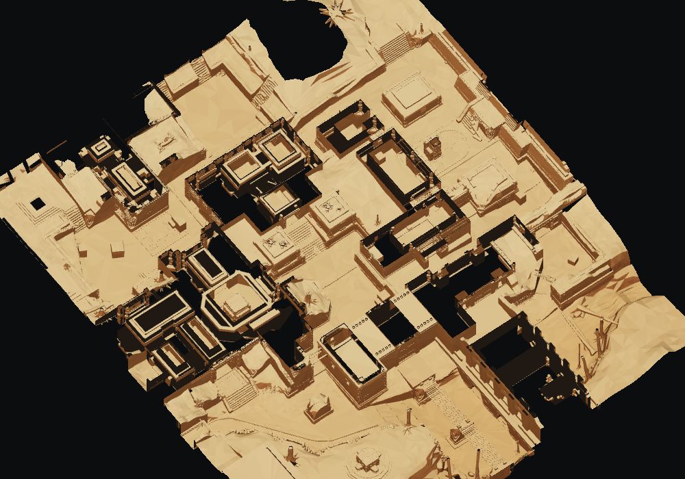 Close 3D view of de_ancient with ten synchronized player positions